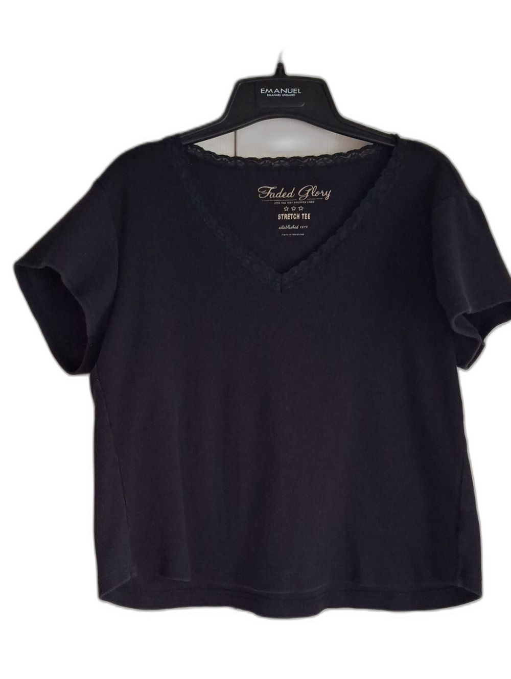 Faded Glory Black V-Neck Lace-Trim Stretch Crop Tee
